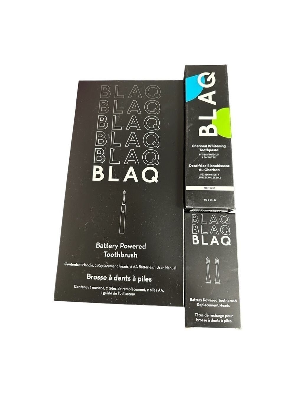BLAQ Batter Operated Toothbrush, Replacement Heads & Charcoal Toothpaste